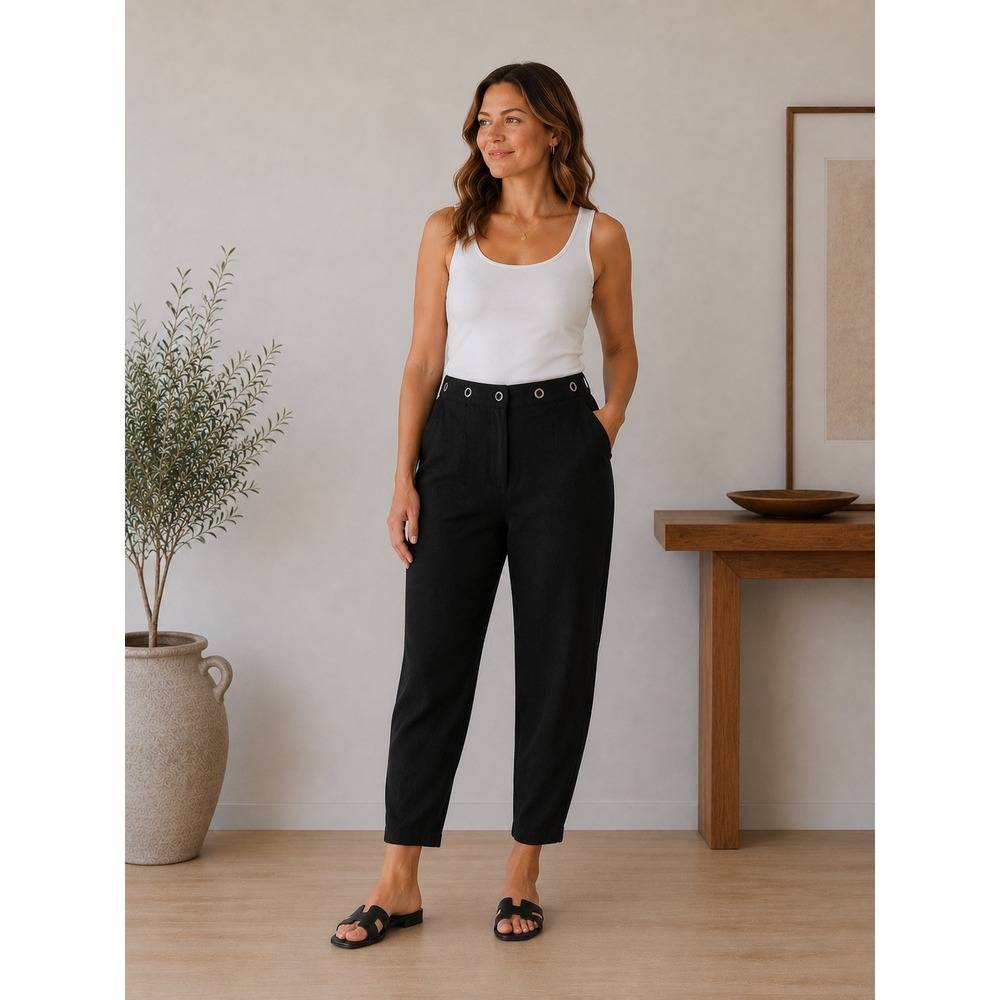 Alexandra Bartlett Linen Pants Wms 14W Black Grommet Detail Y2K Nautical